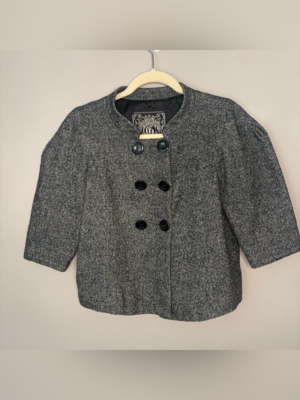 GUESS Herringbone Gray Tweed Cropped Jacket Coat Double Breasted Puff Sleeve S